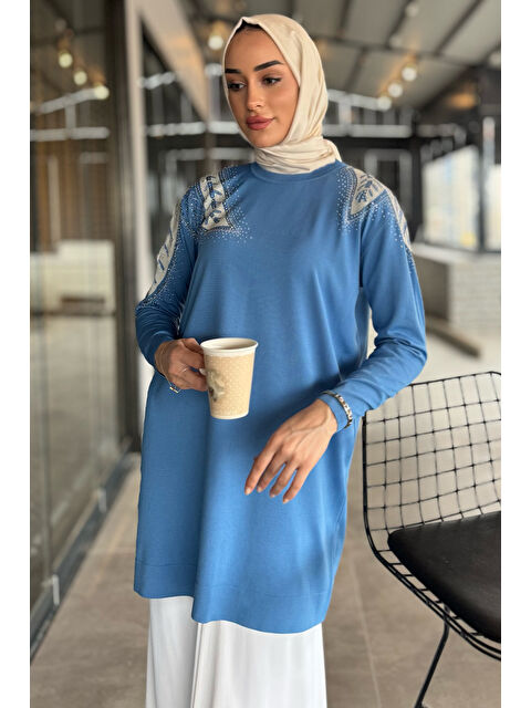 Julude Taş İşlemeli Bisiklet Yaka Tesettür Triko Tunik - S000365159-17234