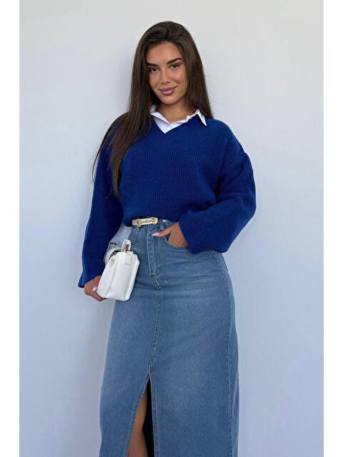 Madmext Saks V Yaka Triko Kadın Kazak Mg2501 - S000437751-23710