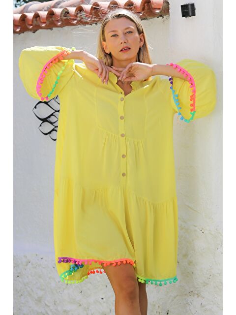 Chiccy Sarı Hakim Yaka Fırfırlı Kol Düğmeli Eteği Fırfırlı Ponponlu Dokuma Casual Elbise - S000359074-20072