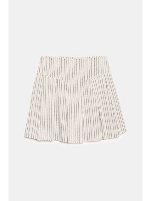 Saade Ekru Kadın Çizgili A Kesim Normal Bel Pileli Dokuma Mini Etek