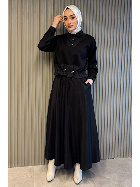 Julude Bel Lastikli Paraşüt Garnili Yaka Çıtçıt Detaylı Bluz Etek Tesettür İkili Takım - S000365158-19351