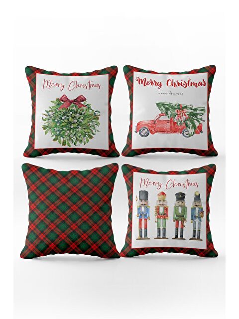 Evmila Çift Taraf Baskılı Kadife Doku Yılbaşı Desenli 4'lü Kırlent Kılıfı  Seti - S000111003-23173