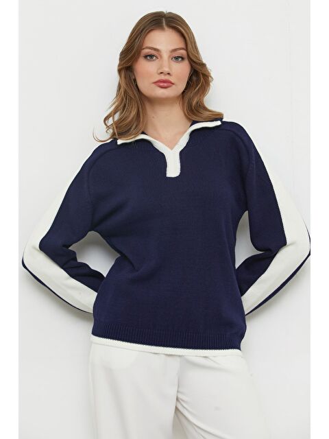 Fullamoda Şeritli Polo Yaka Salaş Triko Kazak - S000480997-21164