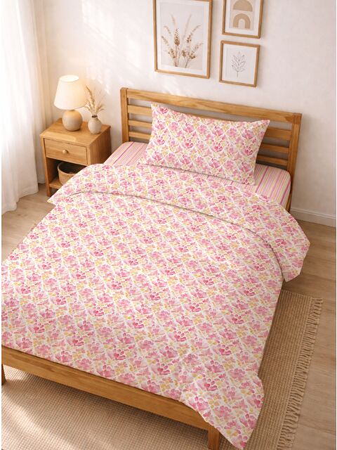 Milbay Grup Tek Kişilik Nevresim Takımı - Pembe Suluboya Çiçek Desenli Pamuklu Fermuarlı Nevresim Seti