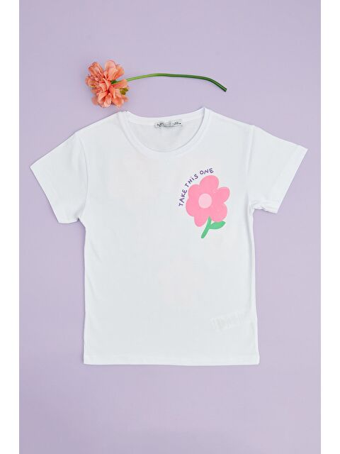 Fullamoda Çiçek Baskılı Bisiklet Yaka Kız Çocuk Tişört