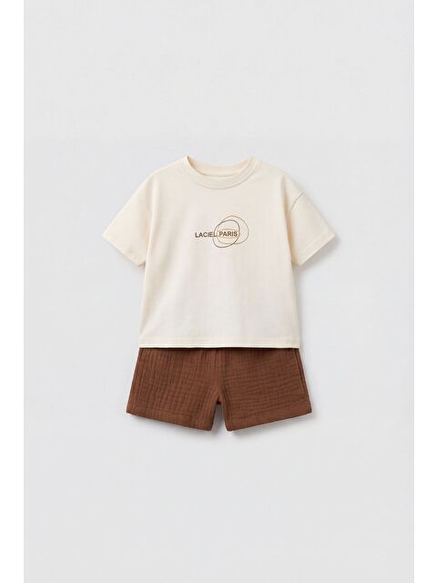 Magu Unisex Bebek Pamuklu Ekru Logo Baskılı Tişört Şort Takım