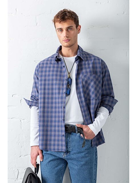 Abluka Online Erkek Oversize Ekose Baskılı %100 Pamuk Gömlek Mavi - S000365692-17234