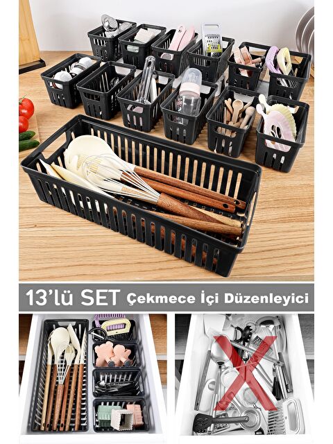 Meleni Home 13 Parça Modüler Çekmece İçi Organizer Set Banyo Mutfak Makyaj Aksesuar Ofis Düzenleyici Siyah - S000387448-19351