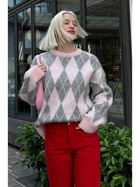 Madmext Pembe Bisiklet Yaka Şardonlu Baklava Desenli Kazak Mg2493 - S000437745-20024