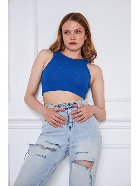 Comstar Kadın Crop Top Mavi Basic Bluz