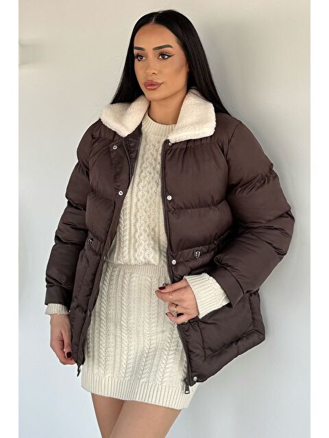 Gülseli Pelüş Yaka Detaylı Astarlı Kadın Şişme Mont - S000469823-19413