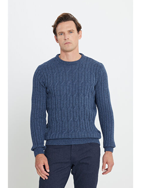 AC&Co / Altınyıldız Classics Erkek Havacı Mavi Normal Kesim %100 Pamuk Jakarlı Triko Kazak - S000512267-17234