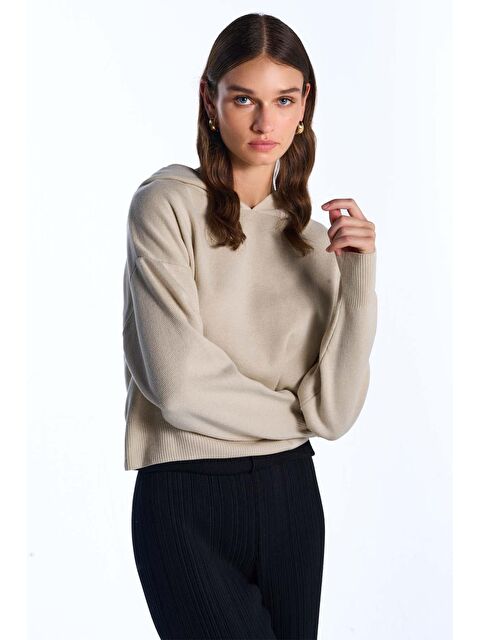 Sherin Ekru Kapüşonlu Triko Sweatshirt - S000399145-19965