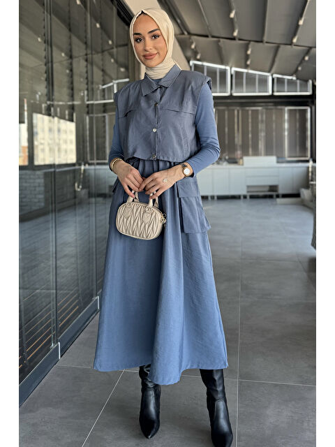 Julude Çıtçıtlı Kargo Cepli Paraşüt Kumaş Elbise Yelek Tesettür İkili Takım - S000181468-23093