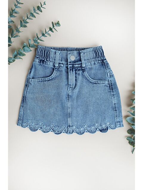 Fullamoda %100 Pamuk Çiçek Nakışlı Kız Çocuk Jean Etek - S000513780-17234