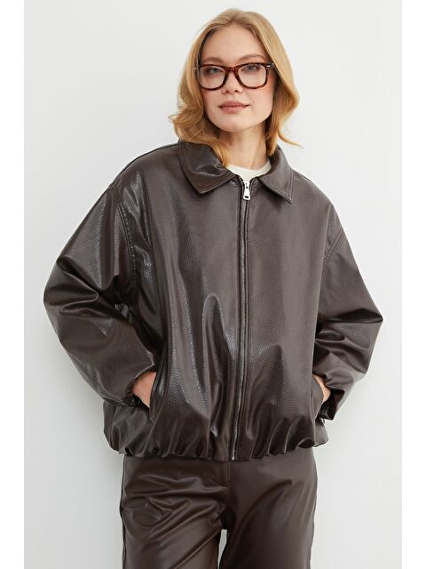 Fullamoda Fermuarlı Cepli Polo Yaka Bomber Suni Deri Ceket - S000490924-19413