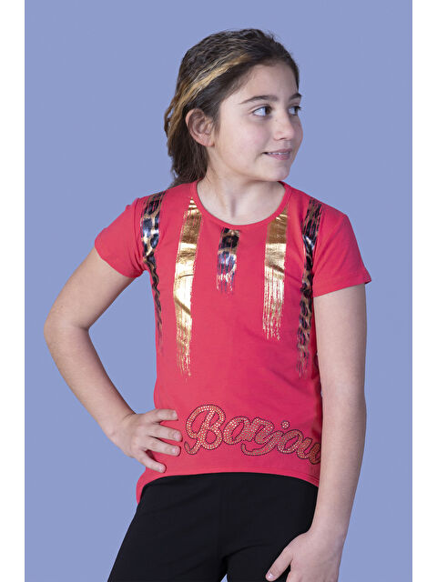 Toontoykids Kız Çocuk Varak Baskılı Taş İşlemeli Tişört