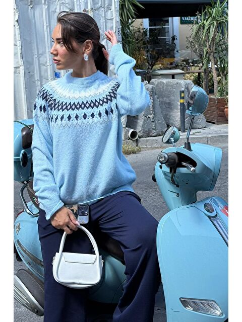 Madmext Mavi Bisiklet Yaka Desenli Kadın Triko Kazak Mg2502 - S000437758-17234