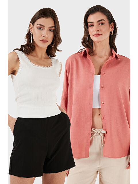 Lela Streç Pamuklu Oversize Fit 2' li Paket Gömlek-Atlet Set 67810014979S2 - S000425063-6385