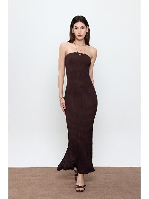 Sherin Kahverengi Straplez Bürümcük Maxi Elbise - S000399152-19413