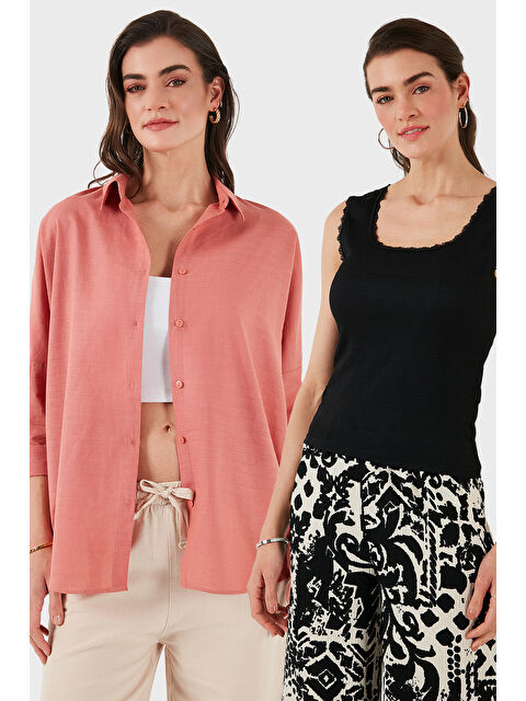 Lela Streç Pamuklu Oversize Fit 2' li Paket Gömlek-Atlet Set 67810014979S2 - S000425063-37448