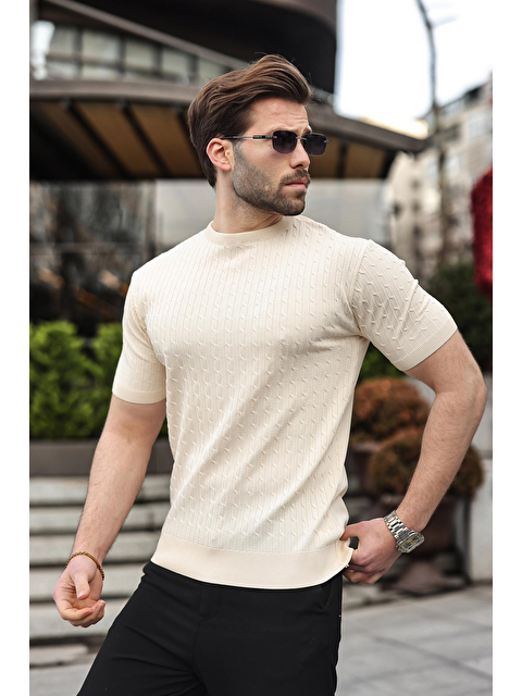 Madmext Taş Rengi Bisiklet Yaka Triko Erkek Tişört E7468 - S000510532-25636