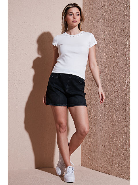 Fashion Friends Streç Pamuklu Mom Fit Yüksek Bel Mini Kadın Jean Short 25Y0188K1 - S000425086-29666