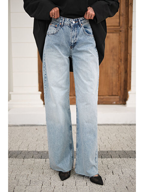 Locco Moda Kadın Paça Kesik Boru Paça Pantolon Buz Mavi - S000527132-3053