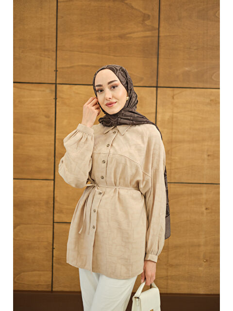 Locco Moda Kadın Geometrik Desen Jakar Gömlek Krem - S000527134-19966