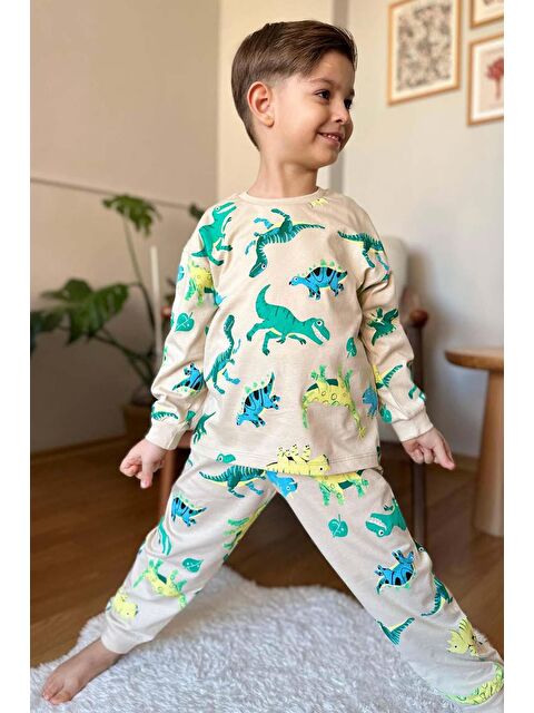 Riccotarz Erkek Çocuk Üzeri Dinozor Baskılı Bisiklet Yaka Bej Pijama Takımı - S000398575-19966