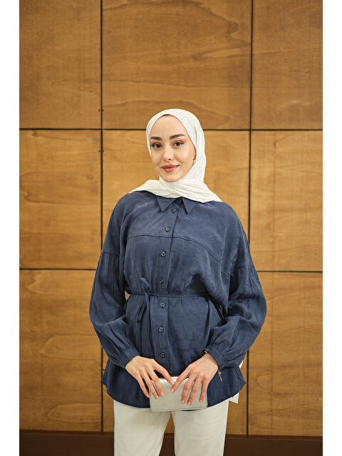 Locco Moda Kadın Geometrik Desen Jakar Gömlek Mavi - S000527134-17234