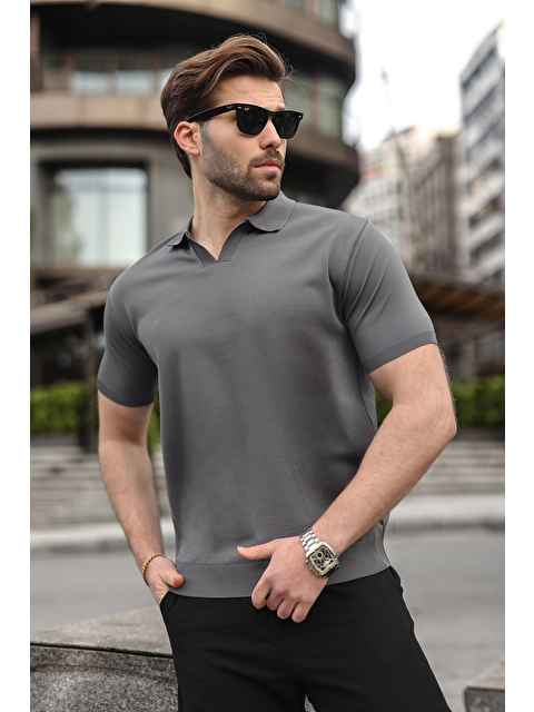 Madmext Antrasit Polo Yaka Triko Kısa Kollu Erkek Tişört E7463 - S000510534-29666