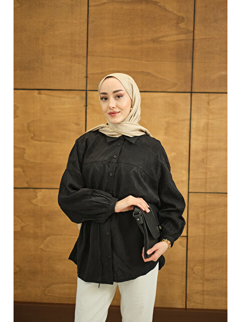 Locco Moda Kadın Yaprak Desen Jakar Gömlek Siyah - S000527136-19351