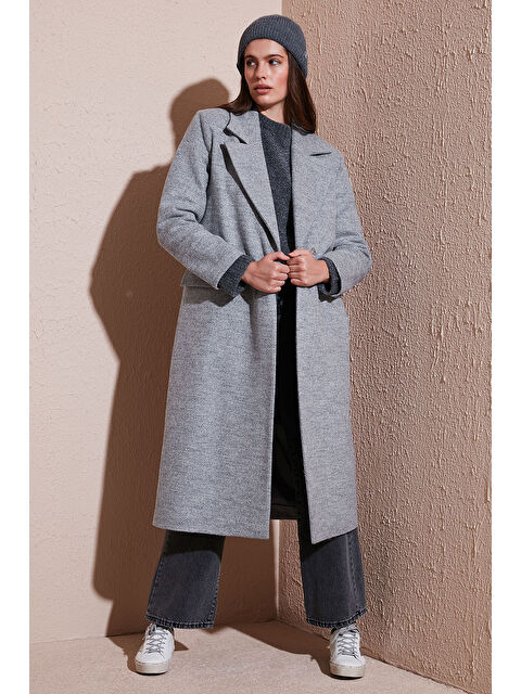 Lela Yün Karışımlı Oversize Kruvaze Yaka Yırtmaçlı Uzun Kadın Kaşe Kaban 6810235 - S000425088-20600