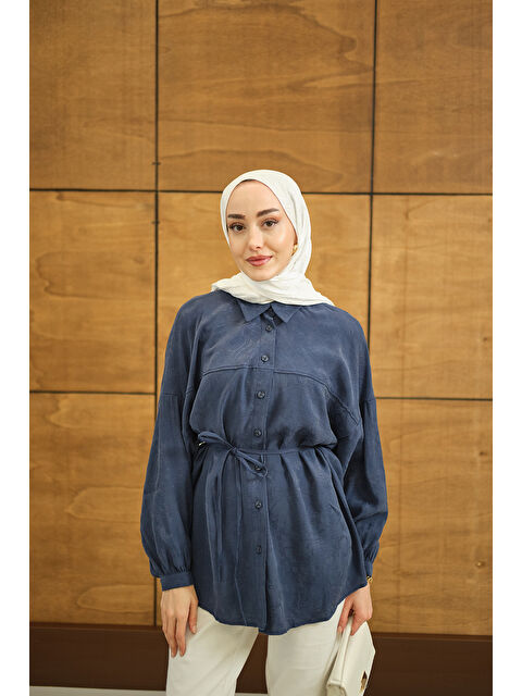 Locco Moda Kadın Çiçek desenli Jakar Gömlek İndigo Mavi - S000527138-23093