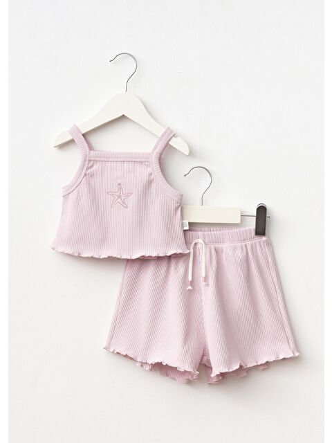 Magu Kız Çocuk Pamuklu Pembe Deniz Yıldızı Nakışlı Crop Şort Takım - Ribana Kumaş - S000399865-20024