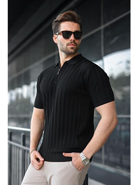 Madmext Siyah Yarım Fermuarlı Polo Yaka Erkek Triko Tişört E7458 - S000510537-19351