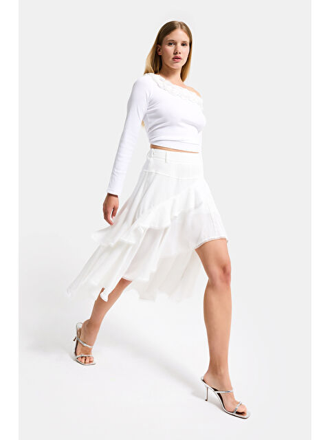 It's Basic Kadın Kırık Beyaz w5 Asimetrik Kesim Organik Keten Özel Tasarım Etek