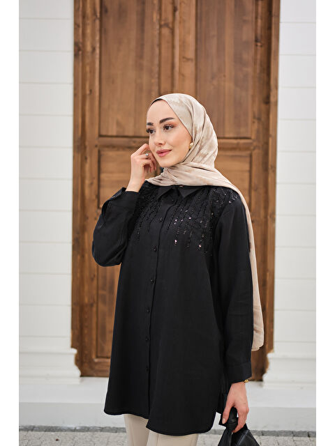 Locco Moda Kadın Sıralı Boncuk İşlemeli Gömlek Siyah - S000527142-19351
