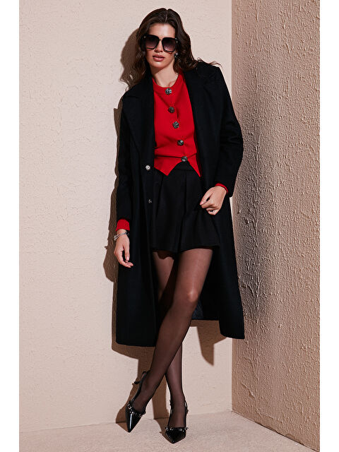 Lela Yün Karışımlı Oversize Kruvaze Yaka Yırtmaçlı Uzun Kadın Kaşe Kaban 6810235 - S000425088-19351