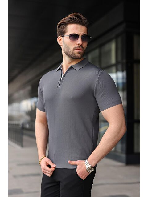 Madmext Antrasit Yarım Fermuarlı Polo Yaka Triko Erkek Tişört E74e59 - S000510535-29666