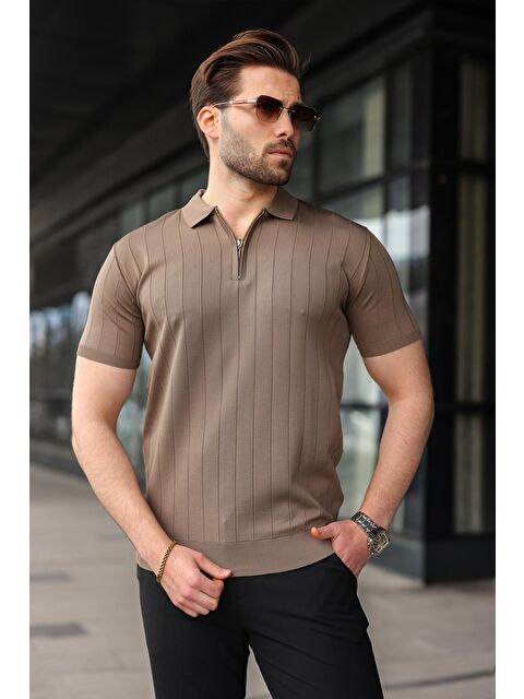 Madmext Açık Kahverengi Yarım Fermuarlı Polo Yaka Triko Erkek Tişört E7298 - S000369912-17365