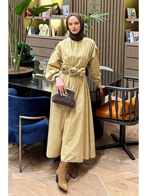 Lamelif Pileli Poplin Elbise Bej - S000517745-19928