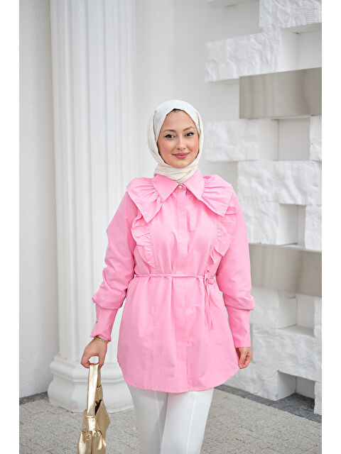 Locco Moda Kadın Yaka Büzgülü Bel Bağlamalı Poplin Gömlek Pembe - S000527143-20024