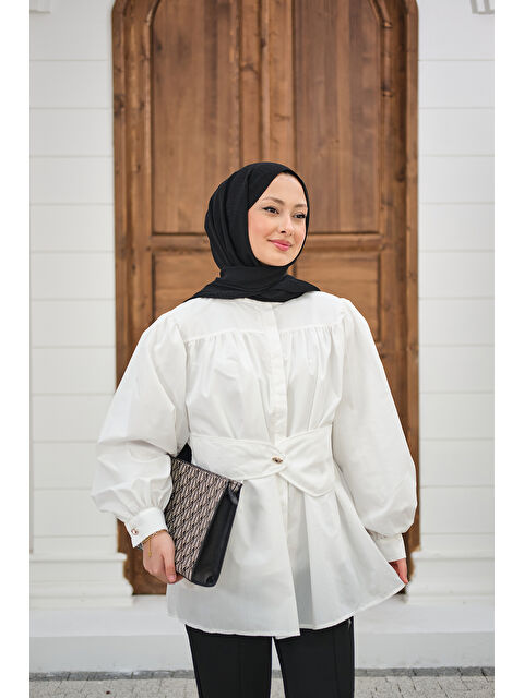 Locco Moda Kadın Korsaj Kemer Detaylı Büzgülü Gömlek Beyaz - S000527141-20063