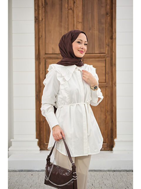 Locco Moda Kadın Yaka Büzgülü Bel Bağlamalı Poplin Gömlek Beyaz - S000527143-20063