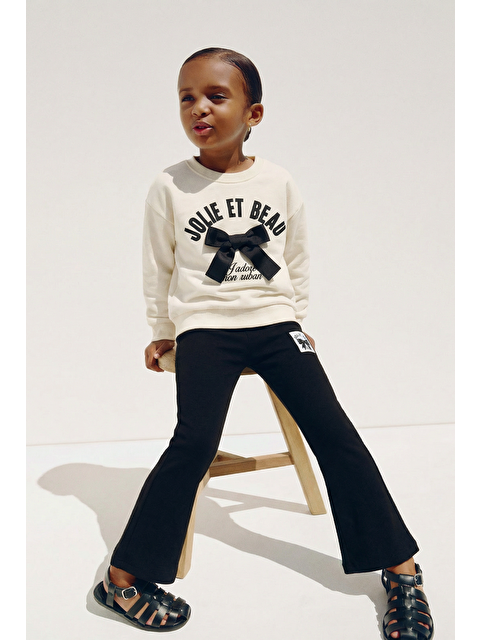 Magu Kız Çocuk Pamuklu Ekru Fiyonk Detaylı Sweatshirt Ve Siyah İspanyol Paça Tayt Takım - S000503309-37243