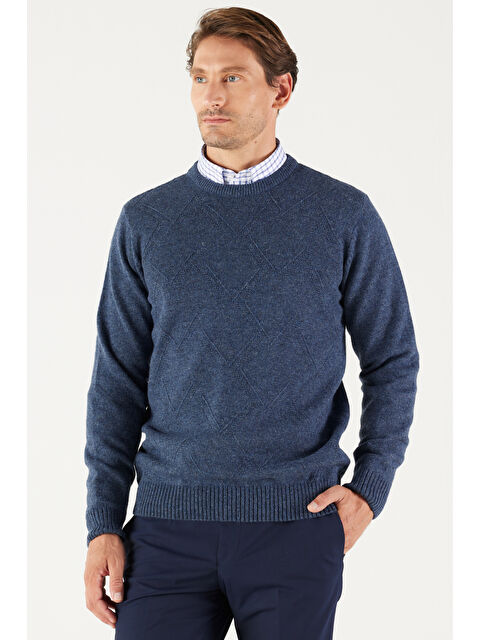 AC&Co / Altınyıldız Classics Erkek Havacı Mavi Normal Kesim Bisiklet Yaka Jakarlı Triko Kazak - S000512268-17234