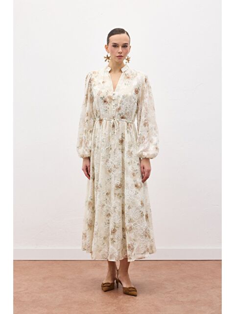 SATEEN Nakışlı Desenli Uzun Elbise - Vizon - S000521359-26429