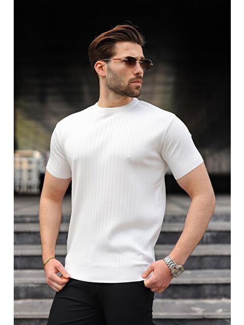 Madmext Beyaz Bisiklet Yaka Triko Erkek Tişört E7460 - S000510538-20063